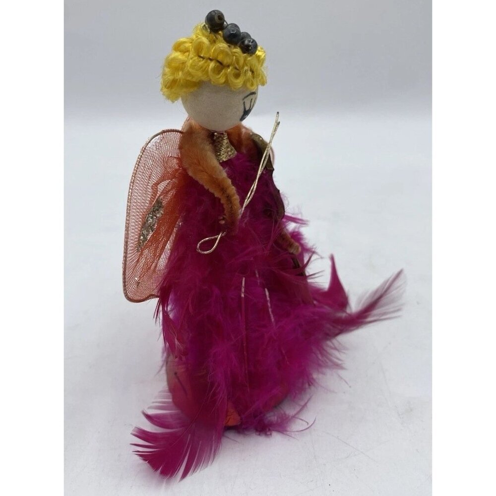 Vintage Feather Angel Hot Pink Christmas Holiday 5 " Cardboard Violin Kitsch MCM - Picture 4 of 16